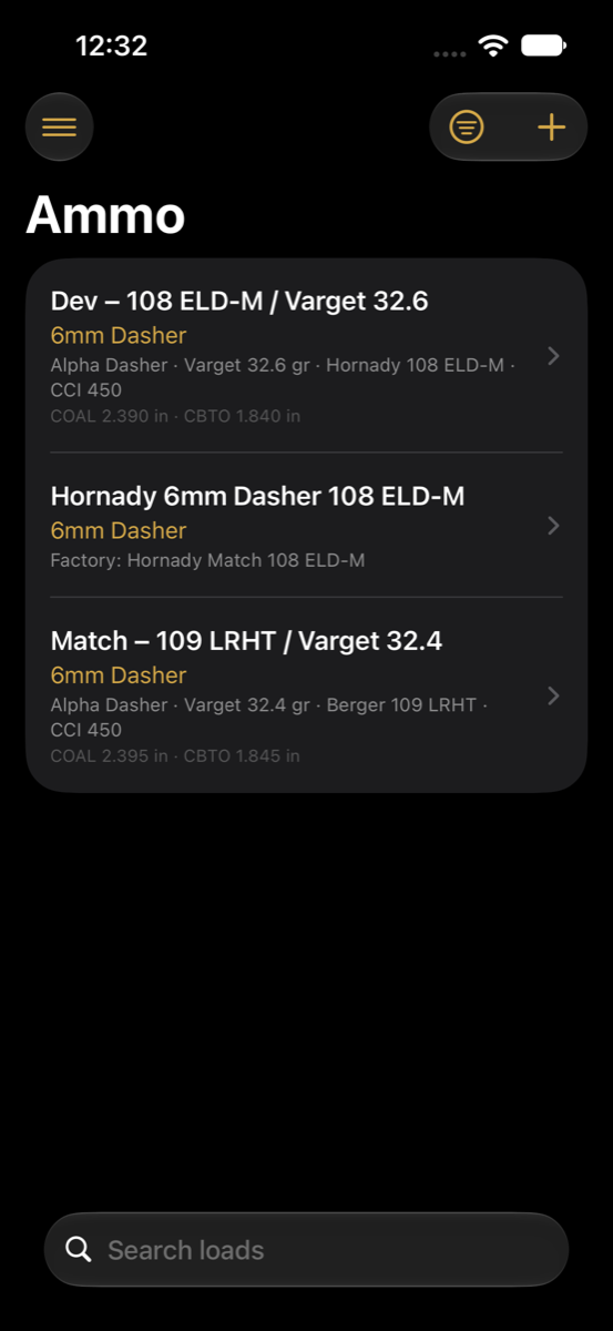 Ammo list with loads and their recipes