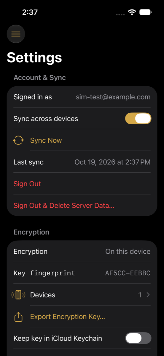 Settings screen showing the Encryption section with a key fingerprint and export option