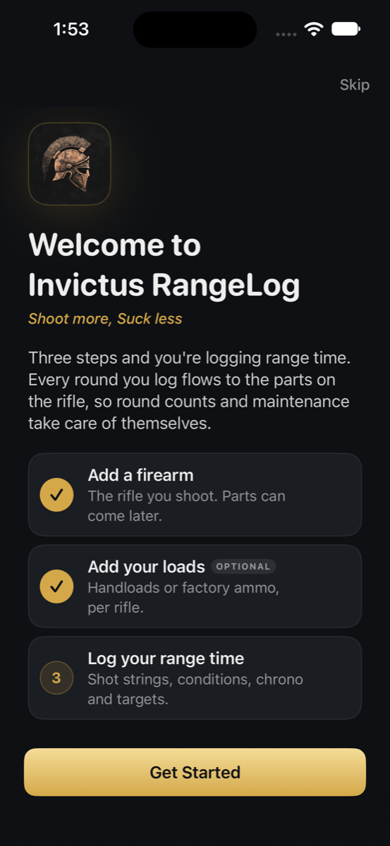 Getting Started guide on first launch listing three steps: add a firearm, add your loads, log your range time