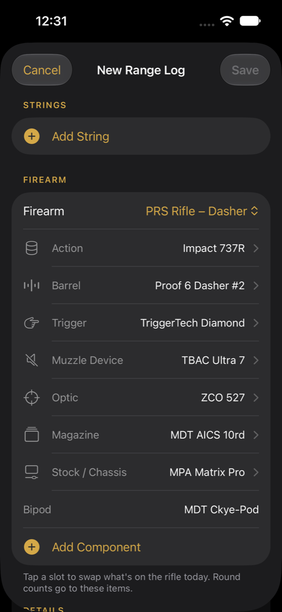 New Range Log sheet with Add Shot String at the top and the firearm build below