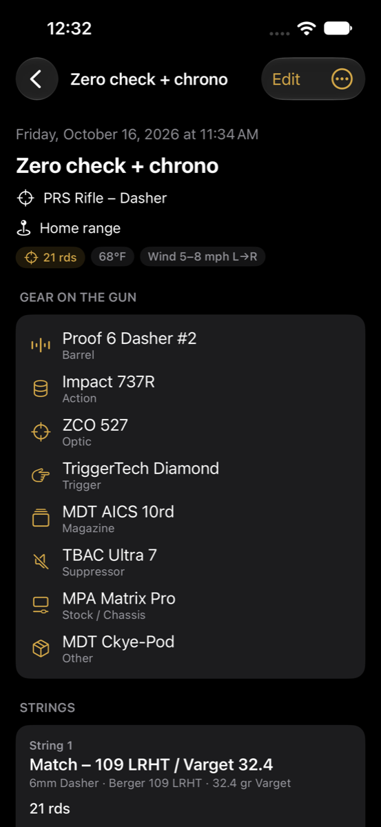 Session detail showing gear on the gun and a shot string with chrono and target rows